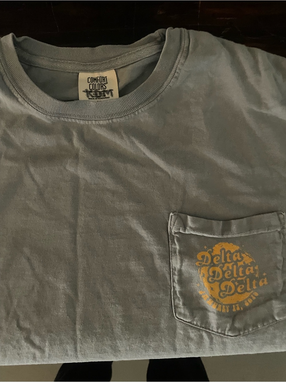Comfort Colors Men's Light Blue Pocket T-Shirt with Yellow Pocket Logo